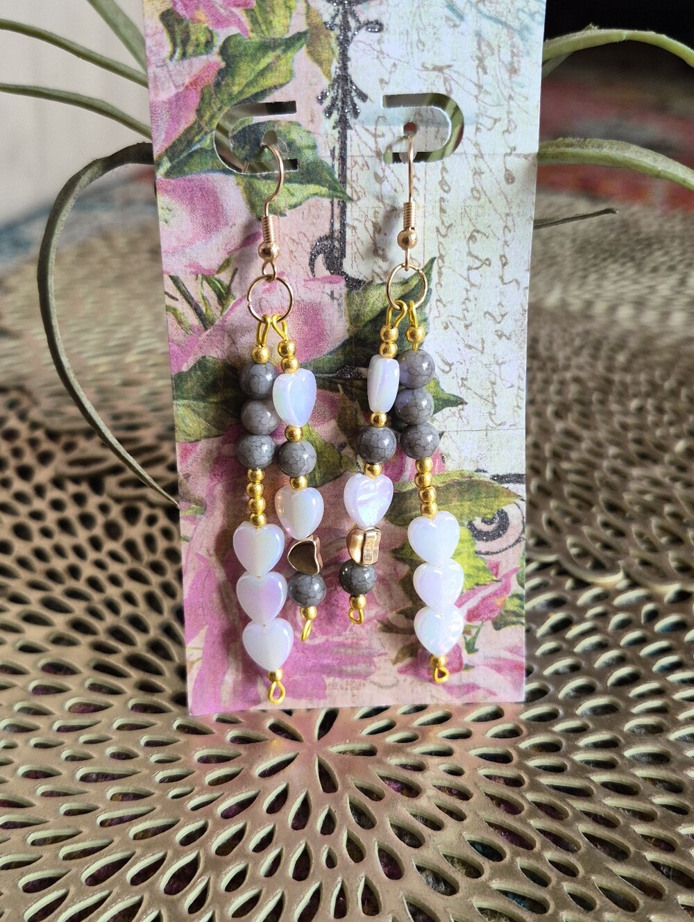 Handmade Pink Heart & Gray Bead Dangle Earrings - Gold Accents